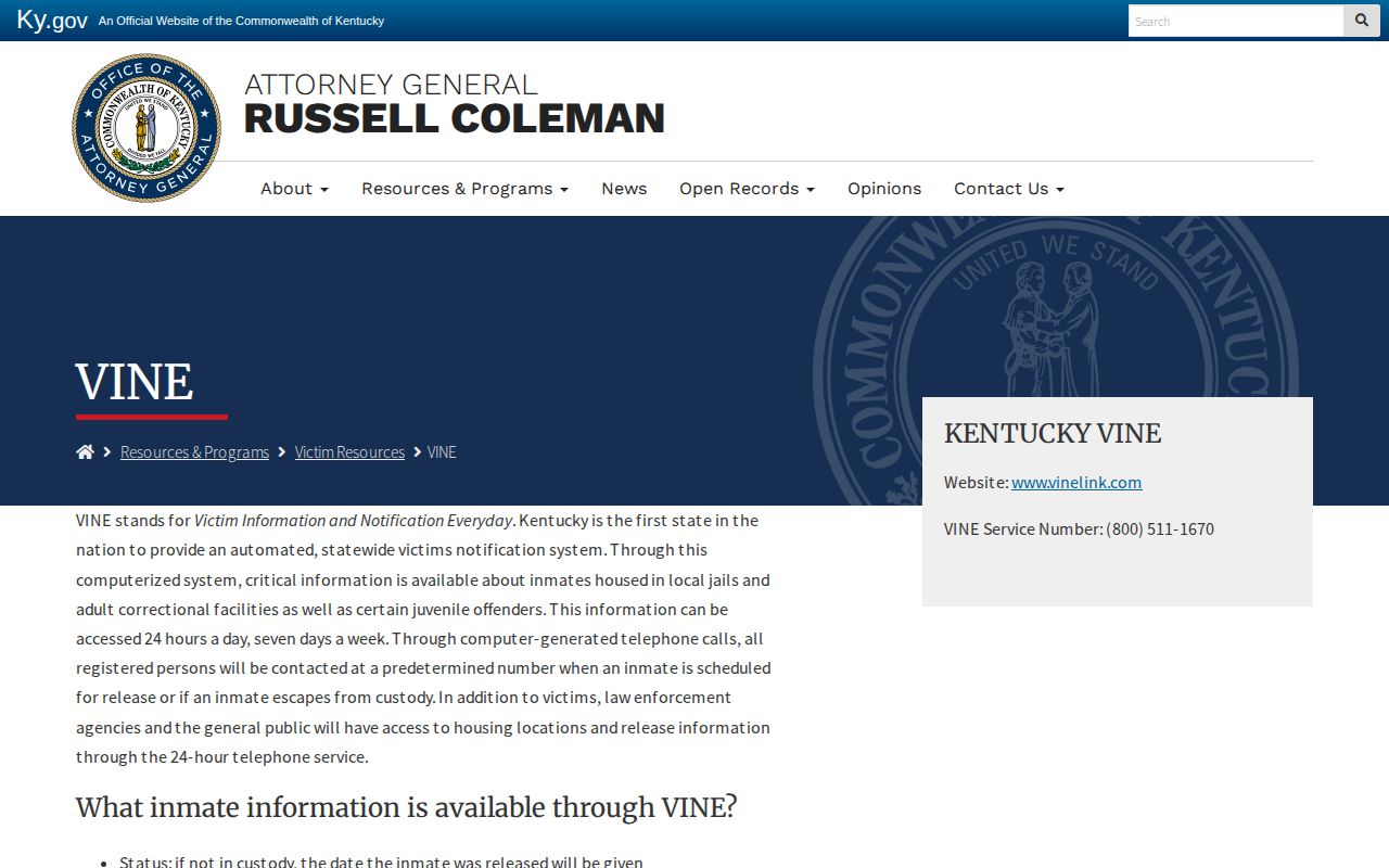 Kentucky Attorney General page describing VINE custody alerts