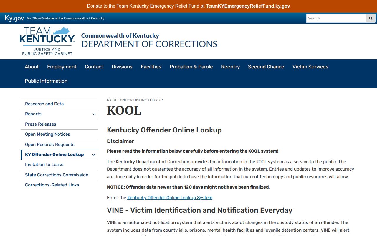 Kentucky Department of Corrections KOOL offender search information