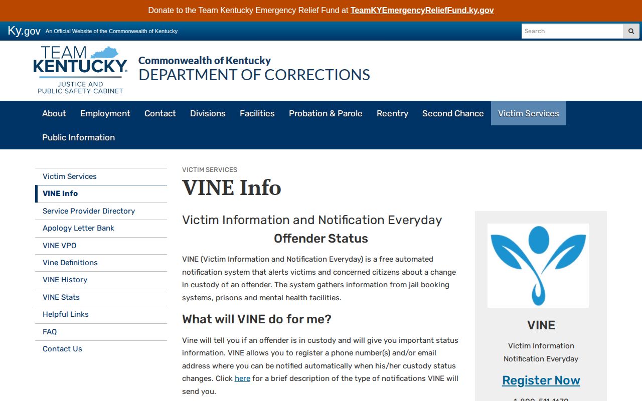 Kentucky VINE custody notification information page