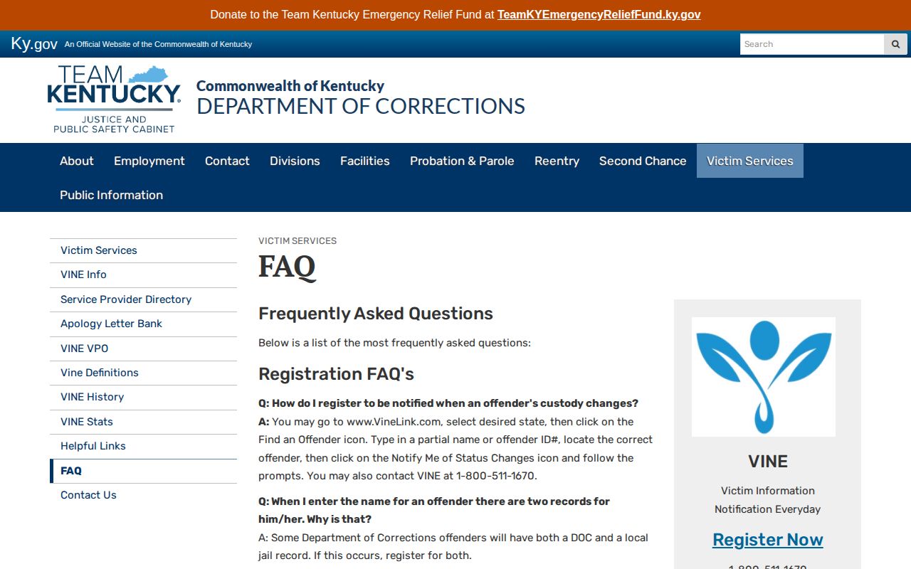 Kentucky VINE frequently asked questions explaining offender searches